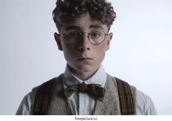 Portrait of a boy with curly hair wearing glasses and a bow tie