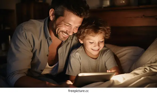 Father and son bonding over a tablet