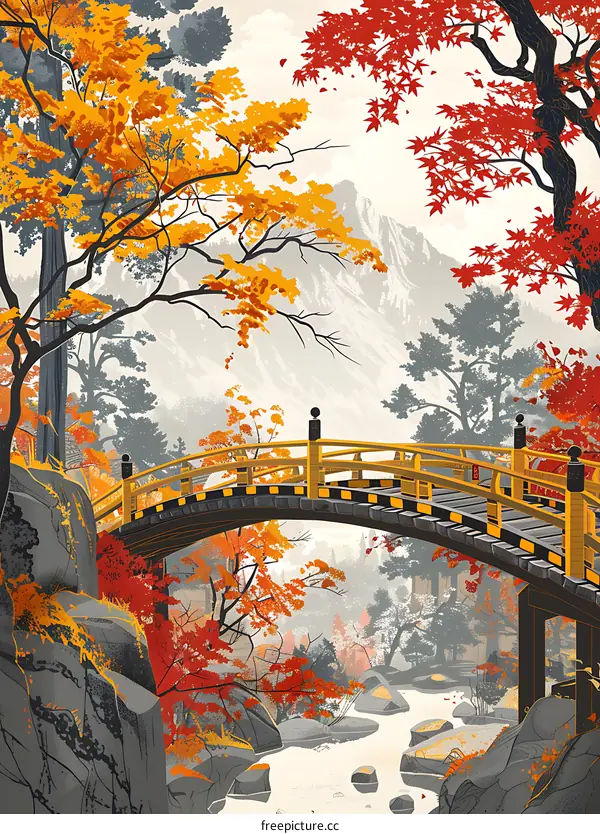 Autumn Landscape with a Bridge and Mountain