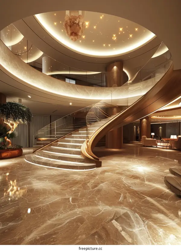 Modern Luxury Interior Design With Curved Wooden Staircase And Marble Floor