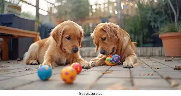 Two Golden Retrievers Playing with Balls