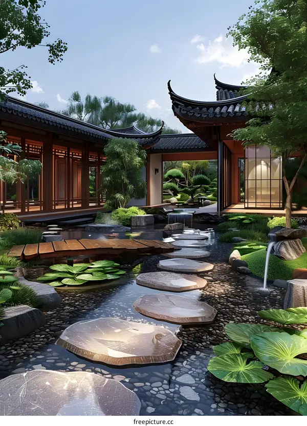 Chinese Garden Design with Stone Path and Pond