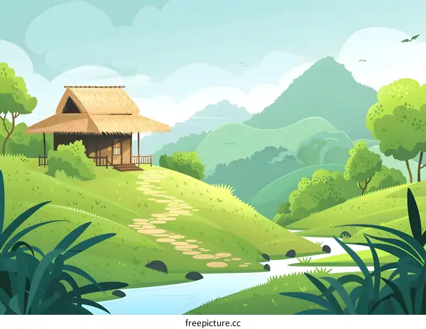 Beautiful Landscape Illustration With House on Hill