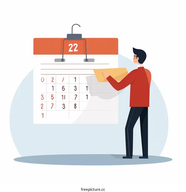 man in red sweater turning a page of a giant calendar