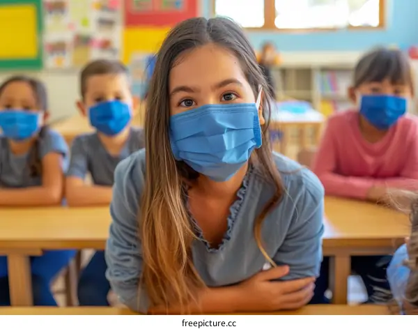 School children wearing surgical masks in classroom during coronavirus pandemic
