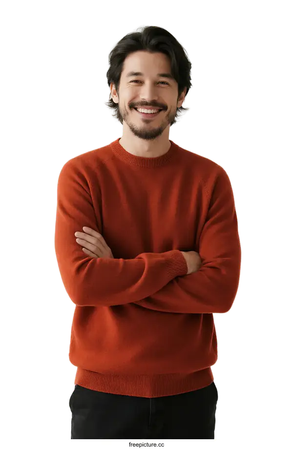 [Transparent Background PNG]A man with crossed arms wearing an orange sweater standing against white background