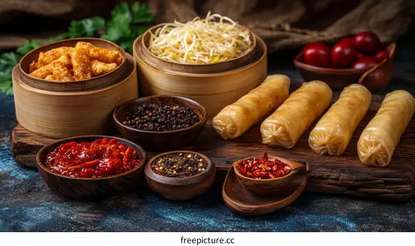 Assortment of Chinese Food Dishes on Wooden Cutting Board