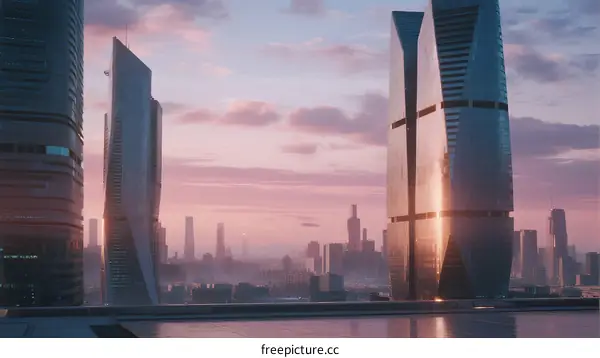 Futuristic Urban Skyline with Sleek Glass Skyscrapers at Sunset