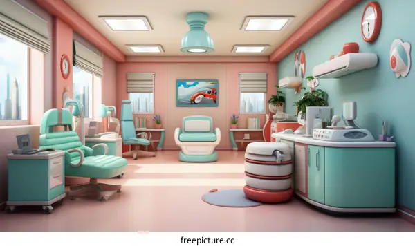 A colorful and modern dentist's office with a pink and blue color scheme