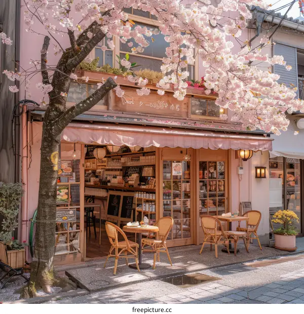 Pink cafe exterior with cherry blossoms