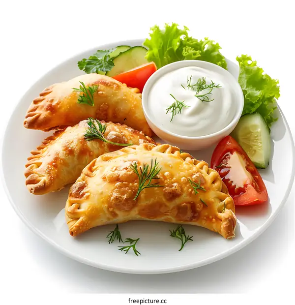 Delicious Empanadas on a Plate with Sour Cream and Vegetables