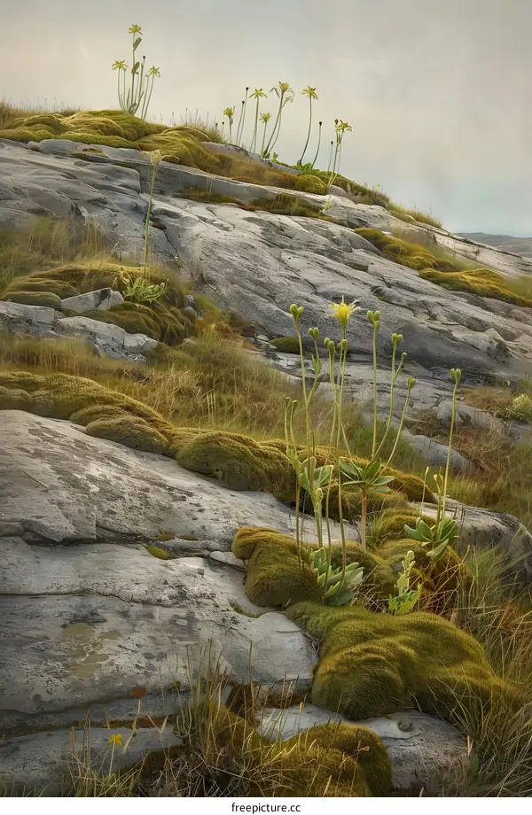 Yellow Flowers Growing on Rocky Mountainside