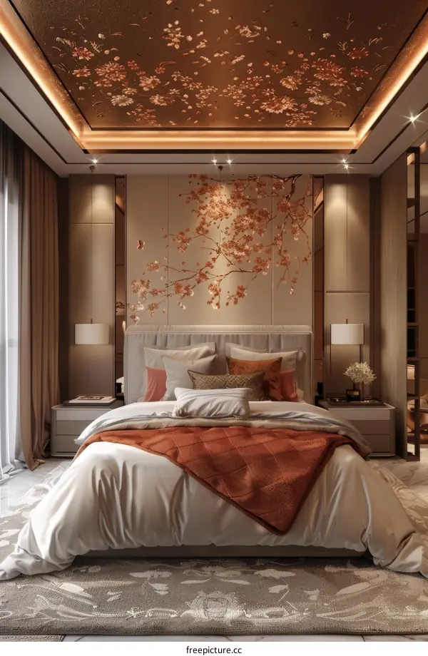 Modern Bedroom Décor with Flowery Ceiling and Soft Lighting