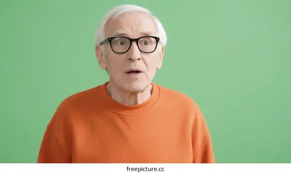 Elderly man in orange sweater with surprised expression