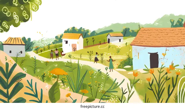 Family Walking Along Path In Rural Village