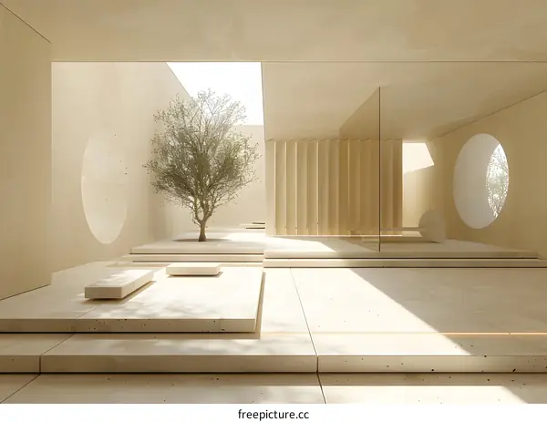 The sun shines through the round window onto the steps in the courtyard