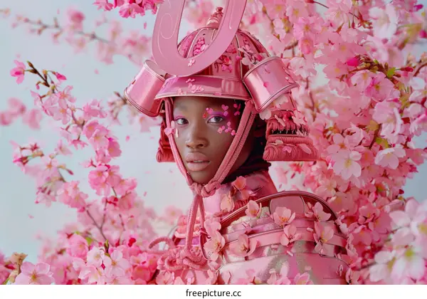 Black girl wearing a pink samurai helmet with cherry blossoms
