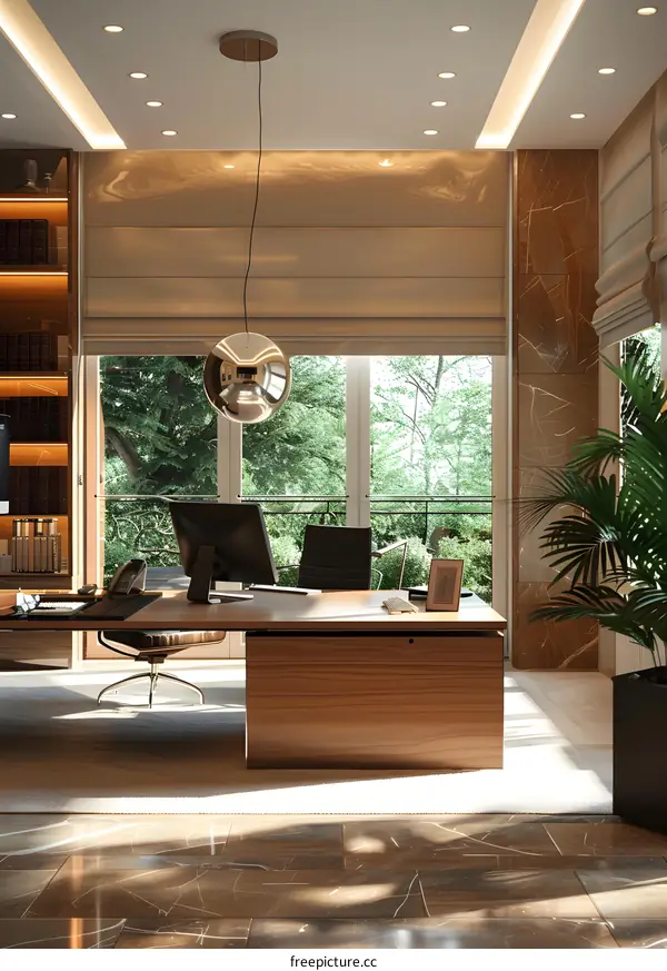 Modern office interior design with large windows and a marble floor