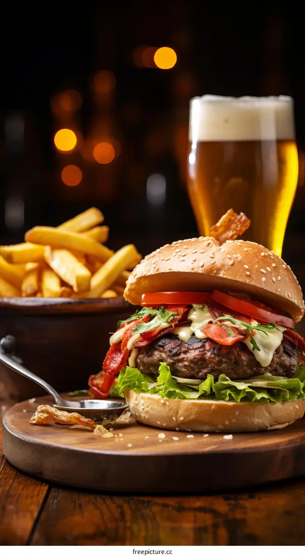 A juicy cheeseburger with fries and beer