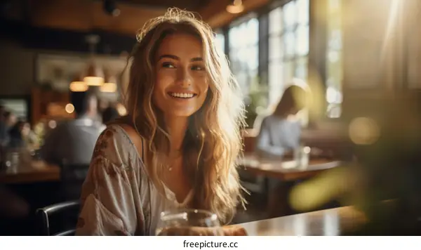Portrait of a smiling young woman sitting in a restaurant