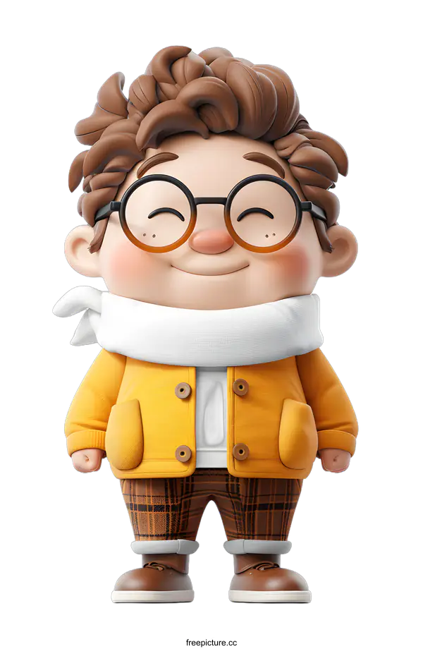 [Transparent Background PNG]Smiling Cartoon Boy with Brown Curly Hair Wearing a Yellow Jacket and Brown Plaid Pants