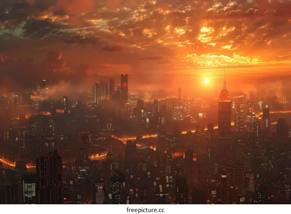 Fiery Sunset Over a Futuristic Metropolis