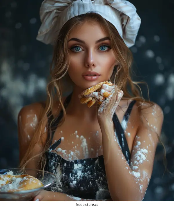 Flour-Covered Woman Baker Smiling in Studio