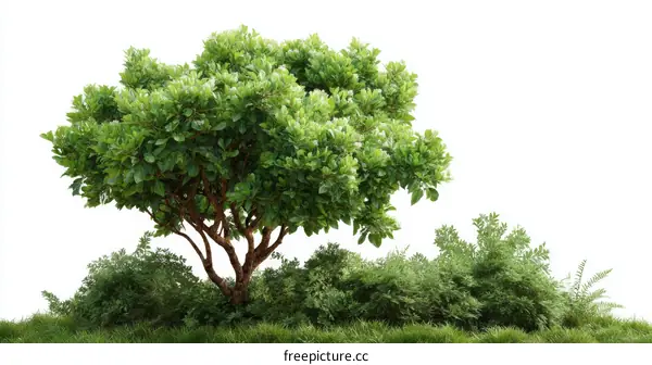 Isolated Green Tree and Bush on White Background