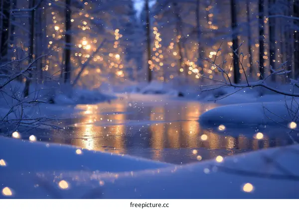 A beautiful winter scene of a frozen lake in the woods with snow covered trees and glittering lights in the background