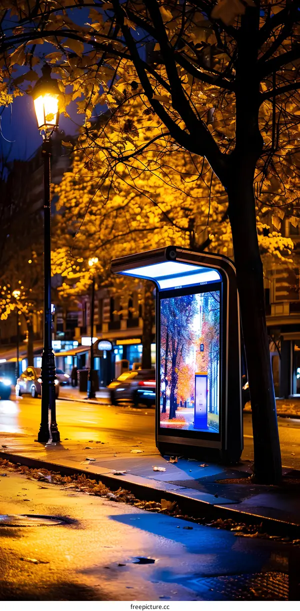 Night Street View with Illuminated Streetlight and Digital Billboard