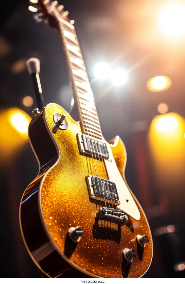 Close-up of a gold glitter electric guitar on stage with spotlights in the background