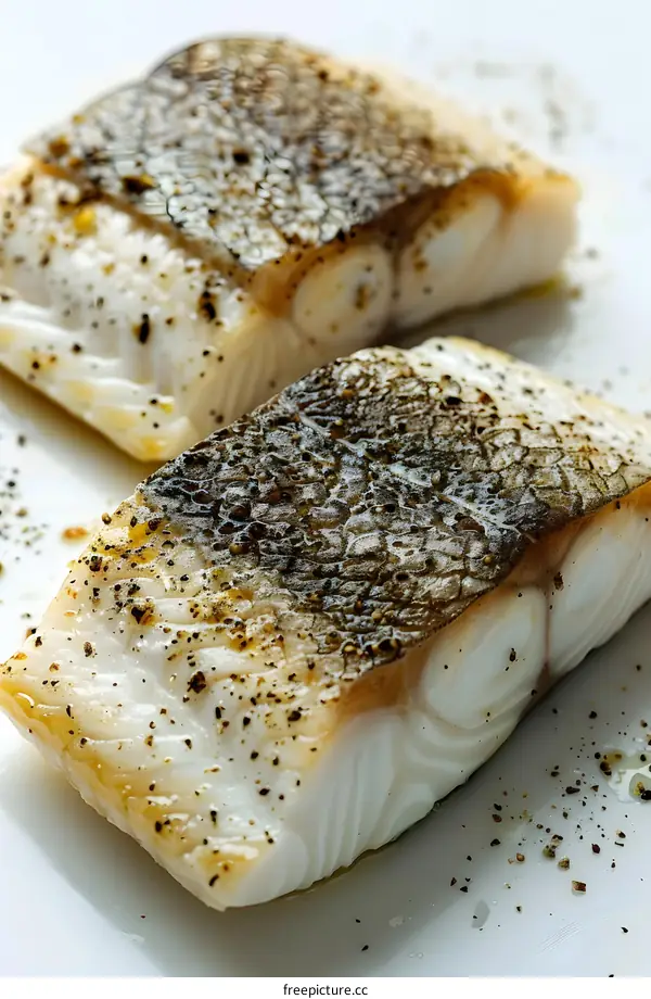 Two Pieces of Grilled Cod on White Plate