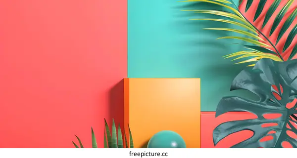 Tropical Summer Background with Colorful Shapes and Leaves