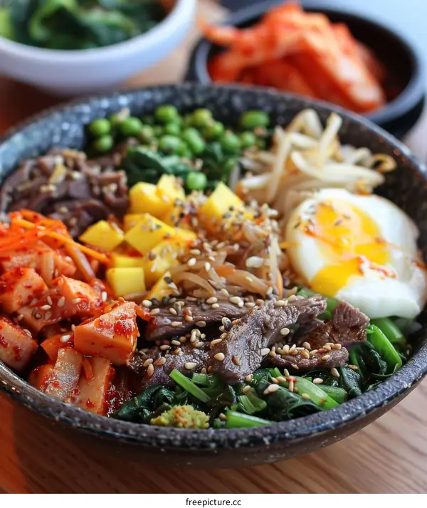 Korean Food Dish With Rice, Beef, Egg, And Vegetables
