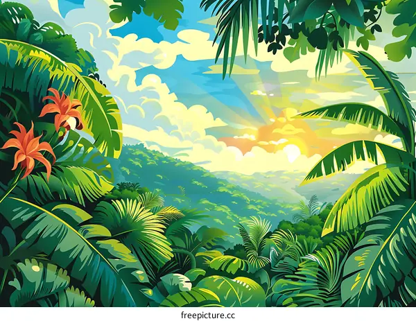 Tropical Rainforest Landscape with Lush Green Foliage and Sunlight