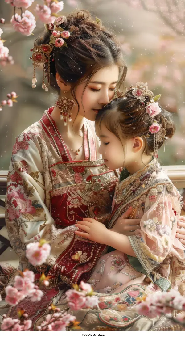 A Mother and Daughter in Traditional Chinese Clothing