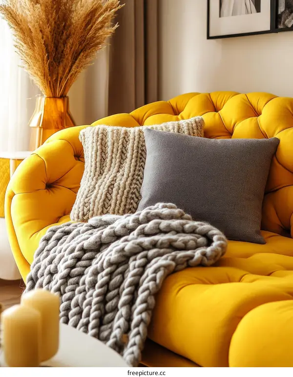 Cozy Yellow Sofa with Knitted Throw