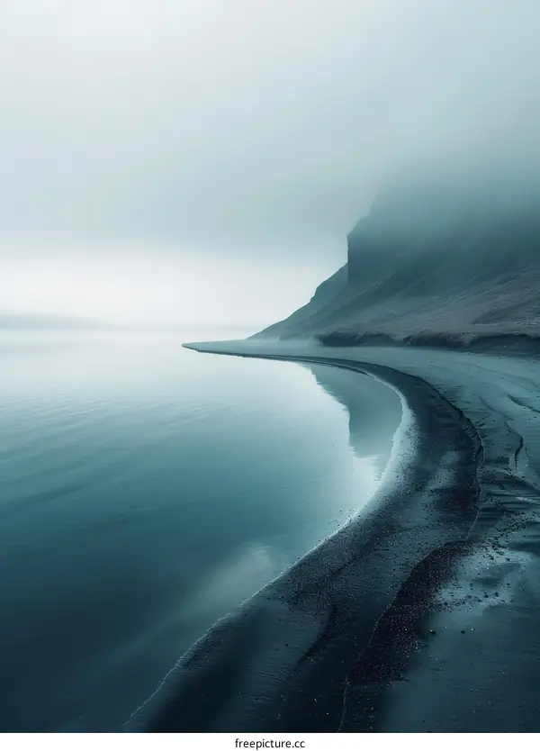 Black sand beach in Iceland with a large rock formation in the background
