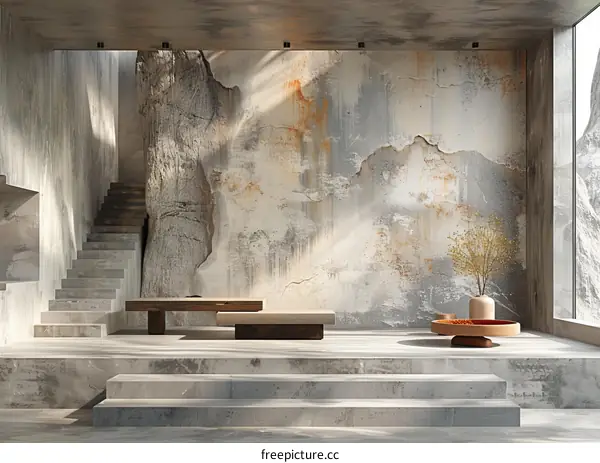 Modern Concrete Staircase and Stone Wall Interior
