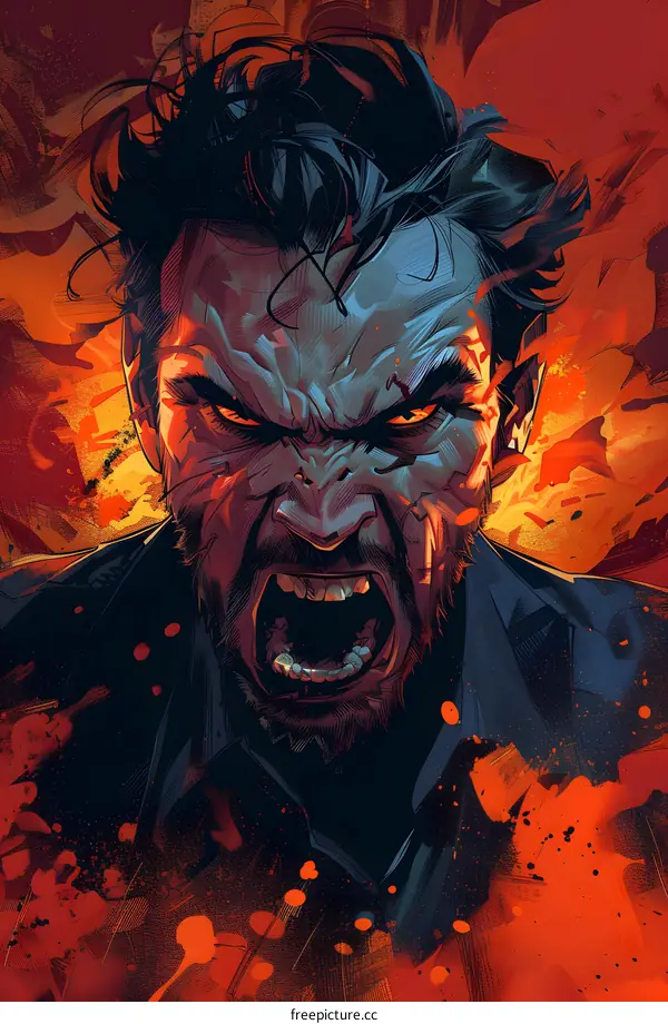 A man with a beard is yelling with an angry expression on his face