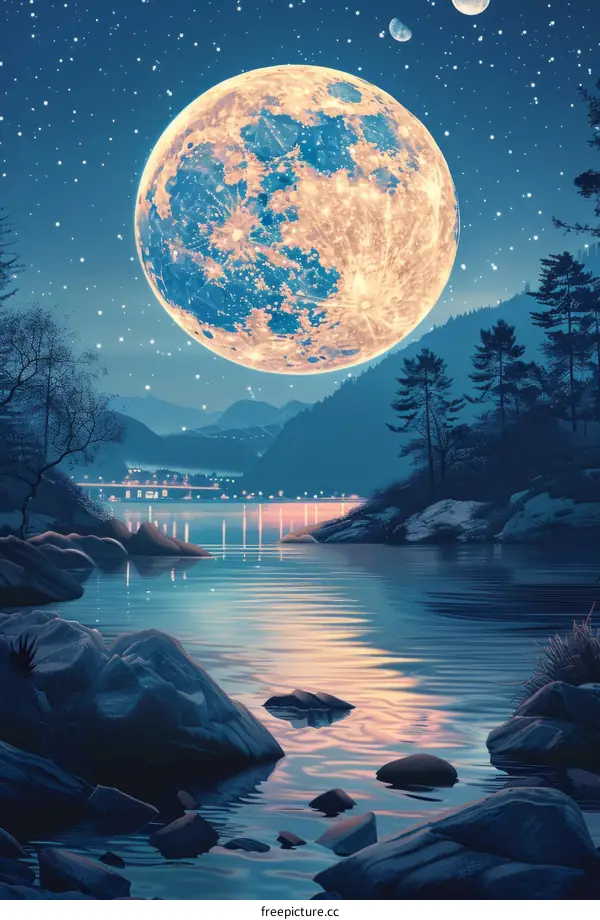 Blue moon over mountains and lake
