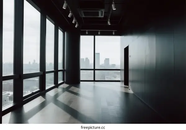Modern empty room with large windows showing cityscape