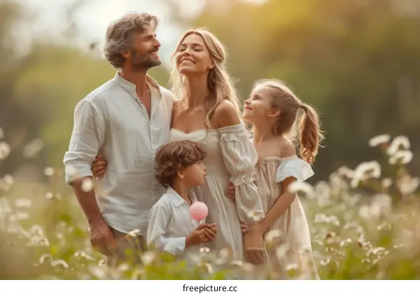 Happy family of four in a field of flowers