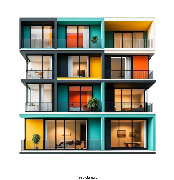 [Transparent Background PNG]Colorful Modern Multi-story Apartment Building Design