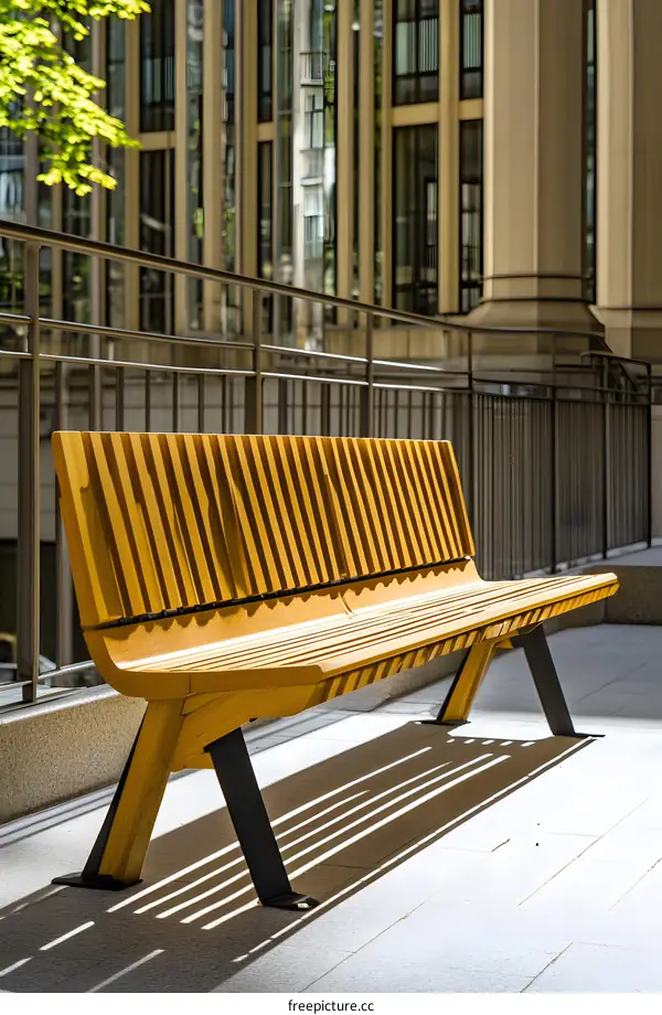 Wooden Bench With Black Legs In Front of Building