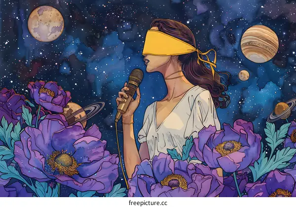 Blindfolded woman singing with planets and flowers