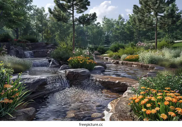 Tranquil Waterfall in a Picturesque Rocky Garden