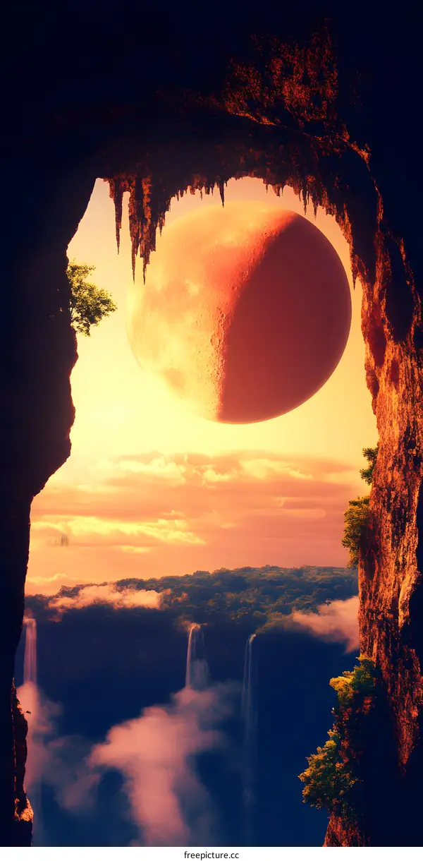 Fantasy Landscape with Large Moon and Waterfalls