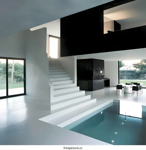 Modern Minimalist Interior Design with Indoor Pool and Staircase
