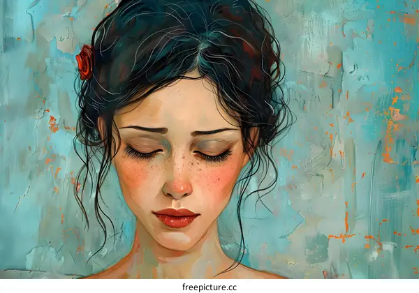 portrait of a young woman with freckles and a red rose in her hair